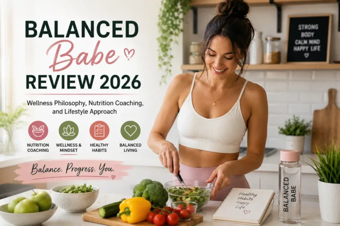 Balanced Babe review 2026 featured image showing healthy lifestyle and nutrition coaching concept in a modern clean kitchen