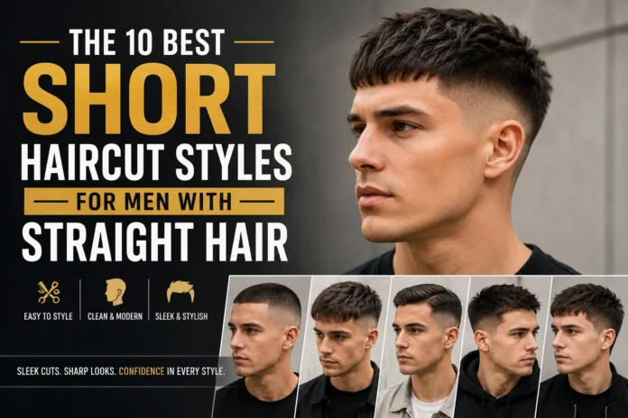 Collage of stylish men with modern short haircut styles for straight hair, featuring fades, textured crops, and clean-cut looks with bold typography highlighting the top 10 haircut ideas.